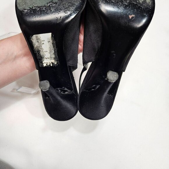 Stuart Weitzman Black Satin Beaded Rosette Peep Toe Slingback Heels Size 10 - Picture 4 of 12